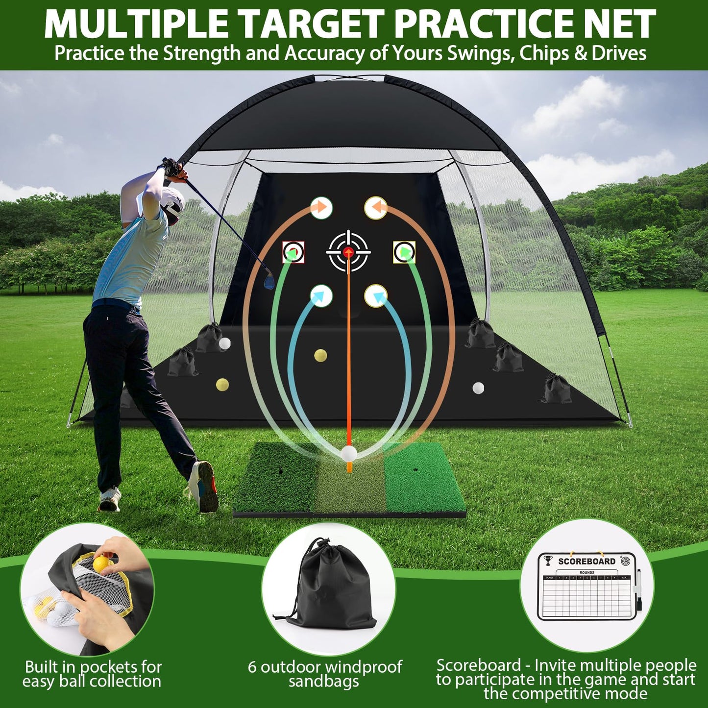 Golf Net, 10x7 Ft Practice Hitting Golf Net with Tri-Turf Mat, Ball, Tee, and Carring Bag, All-in-One Multi-Target Training Aid for Outdoor/Indoor Chipping & Driving, Ideal Gift for Men/Enthusiasts