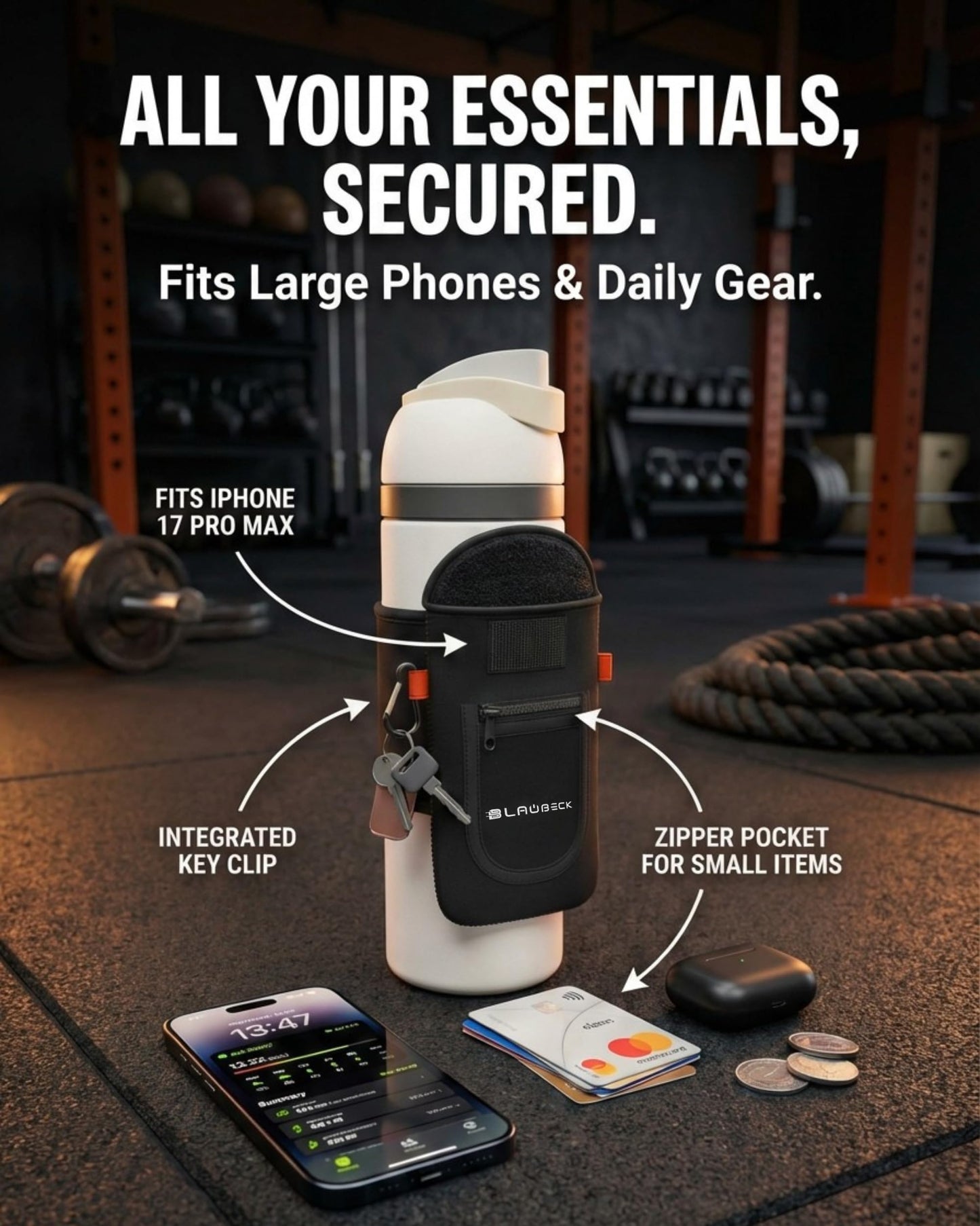Magnetic Water Bottle Sleeve for Gym - Fits 18-40oz Bottles, 9-12 in Circumference - 4 Magnets Attach to Metal Equipment - Phone Pocket for iPhone 17 Pro Max - Black Neoprene (Bottle Not Included)