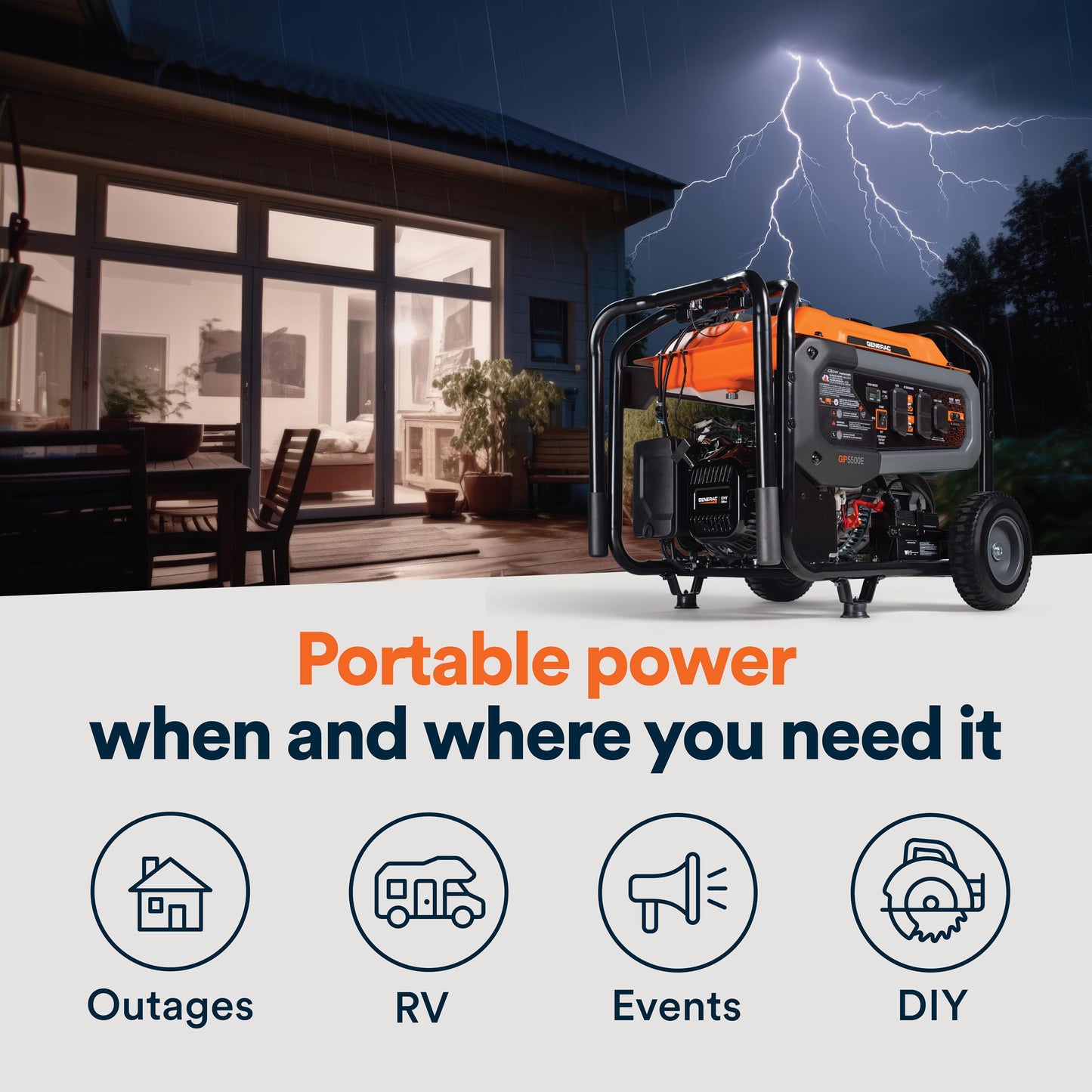 Generac 6,875 Starting Watt Portable Gas Generator - Electric Start - Home Backup or RV Ready - Heavy Duty Frame - Quiet, Long Runtime, Emergency Power - 50-State Compliant