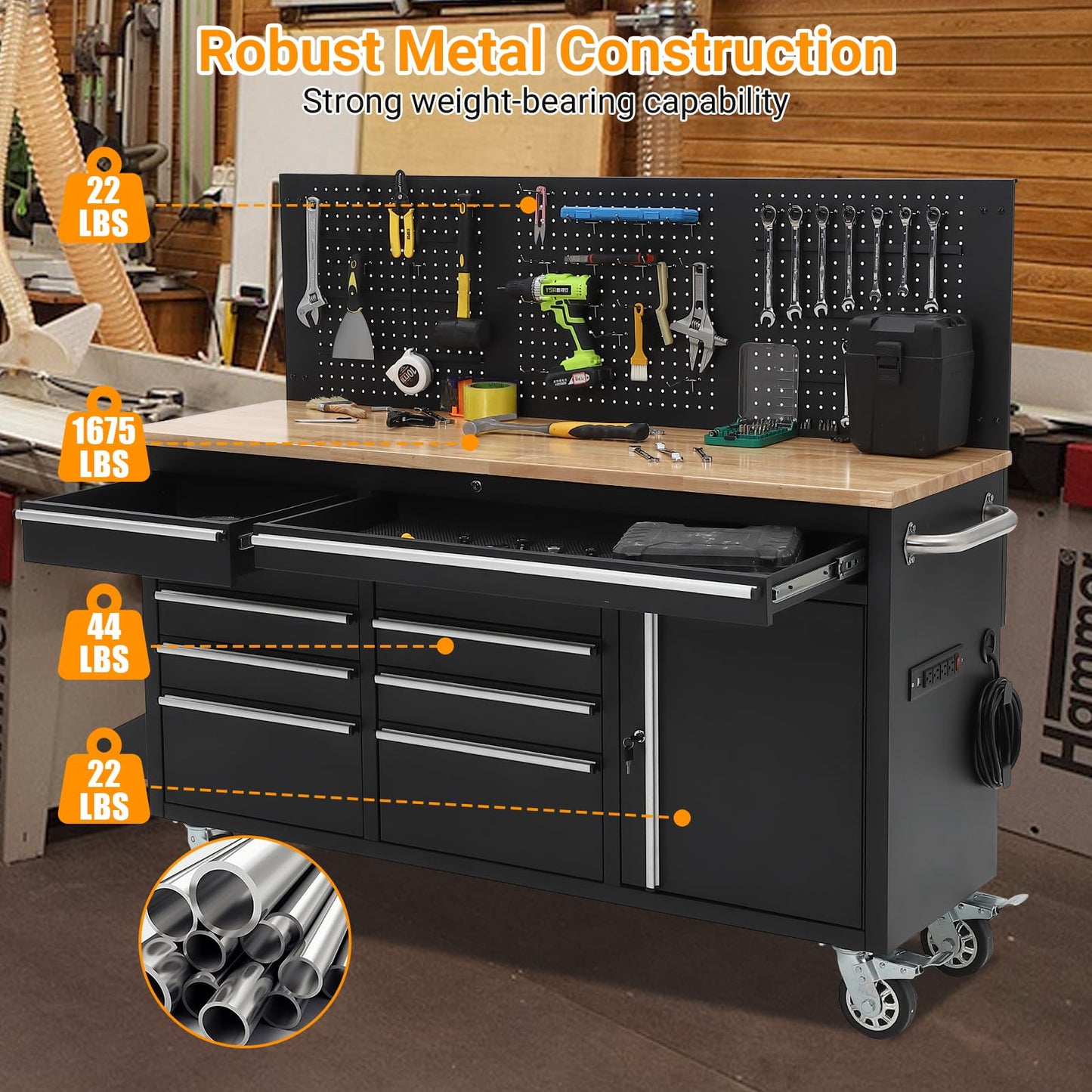GarveeLife 61-Inch Rolling Tool Chest with 10 Drawers Garage Workbench, Solid Rubberwood Top, Storage Cabinet with Wheel Lock and Key Lock for Workshop, Garage, Kitchen and Home
