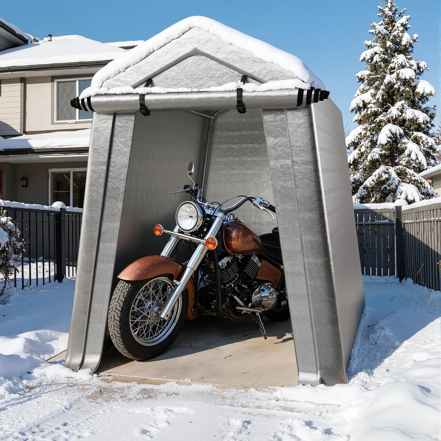 LINKHOO 6 x 8 FT Carport, Portable Shed w/220G Heavy Duty Waterproof PE Tarp, Roll-up Zipper Door & Vent, Weather-Resistant Storage Shed for Motorcycle, Bike and Tools, Gray