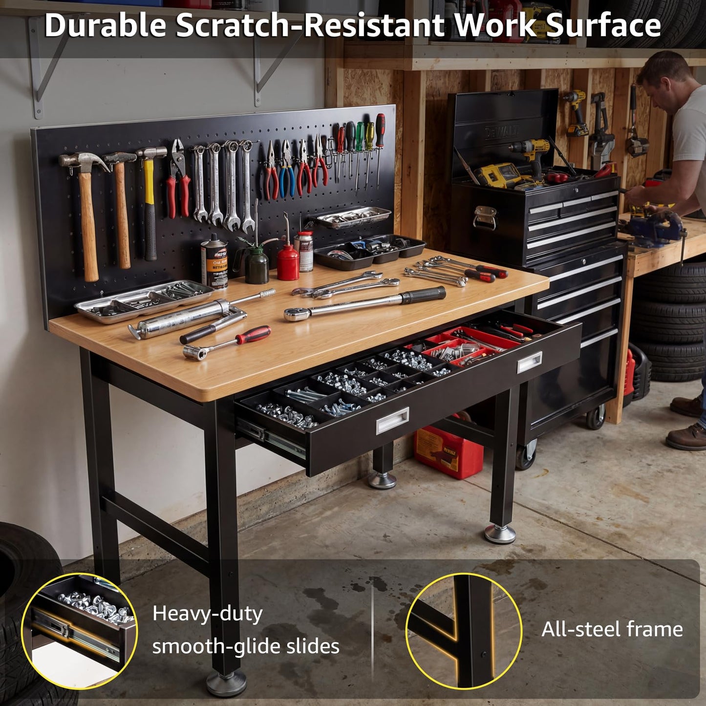IGERI 39.4" Workbench with Drawer and Pegboard - Heavy Duty Steel Garage Work Table, Small Tool Bench for Workshop, Woodworking, Crafting & Repair