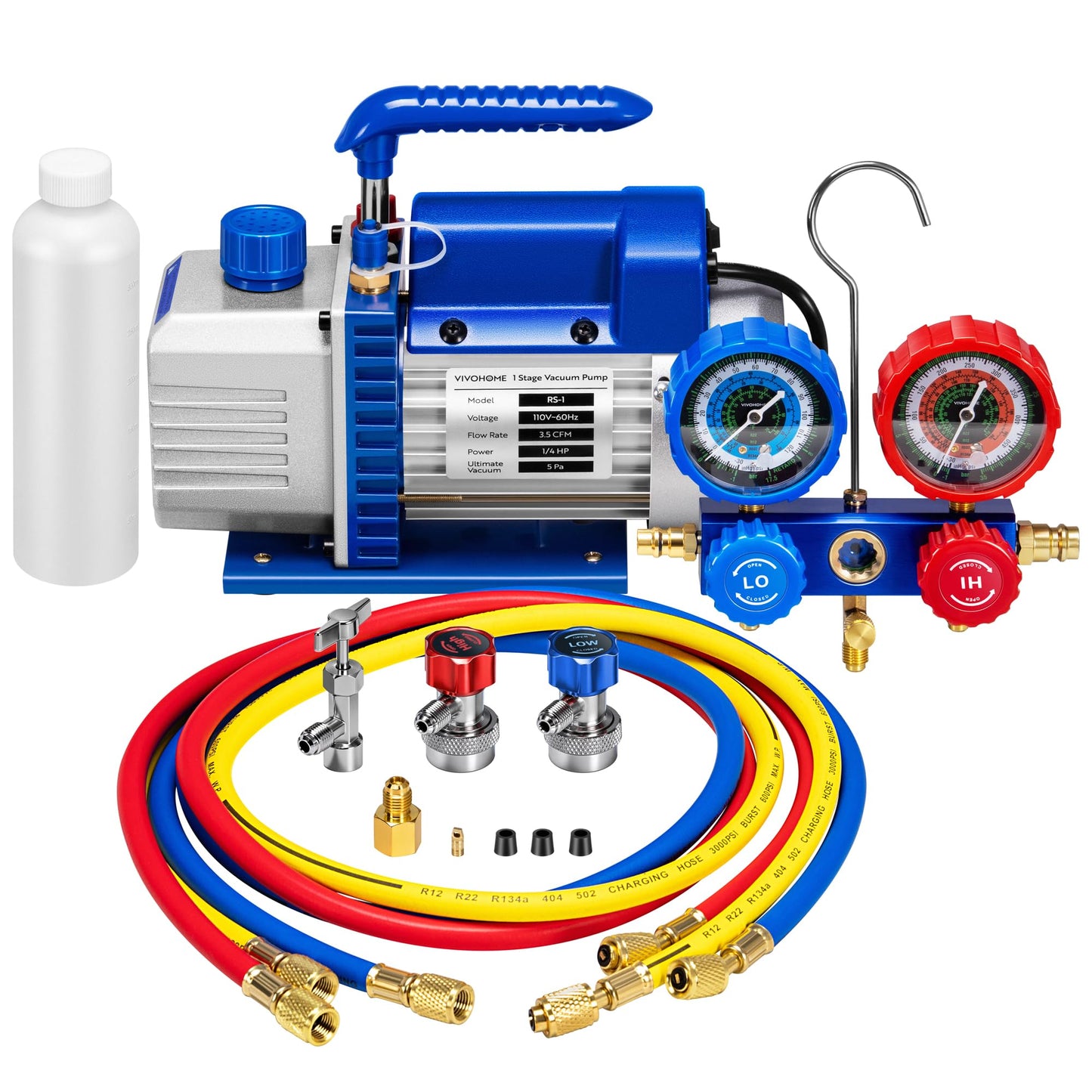 VIVOHOME 110V 1/4 HP 3.5 CFM Single Stage Rotary Vane Air Vacuum Pump and R134a AC Manifold Gauge Set Kit for HVAC Air Conditioning Refrigeration Recharging, Blue