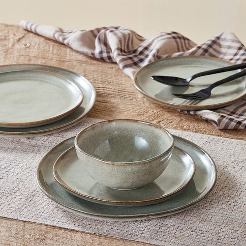 KINGSTONE 24-Piece Stoneware Dinnerware Set - Handcrafted Reactive Glaze Plates & Bowls for 8 | Scratch Resistant, Dishwasher & Microwave Safe, Grey