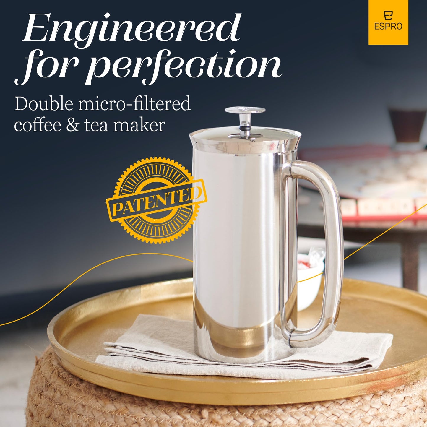 ESPRO Pro P7 French Press Stainless Steel 304 - Patented Double Micro-Filter for Grit-Free Coffee, Double Wall Insulated Coffee Maker, Plastic-Free & Heat Resistant - Polished 32oz