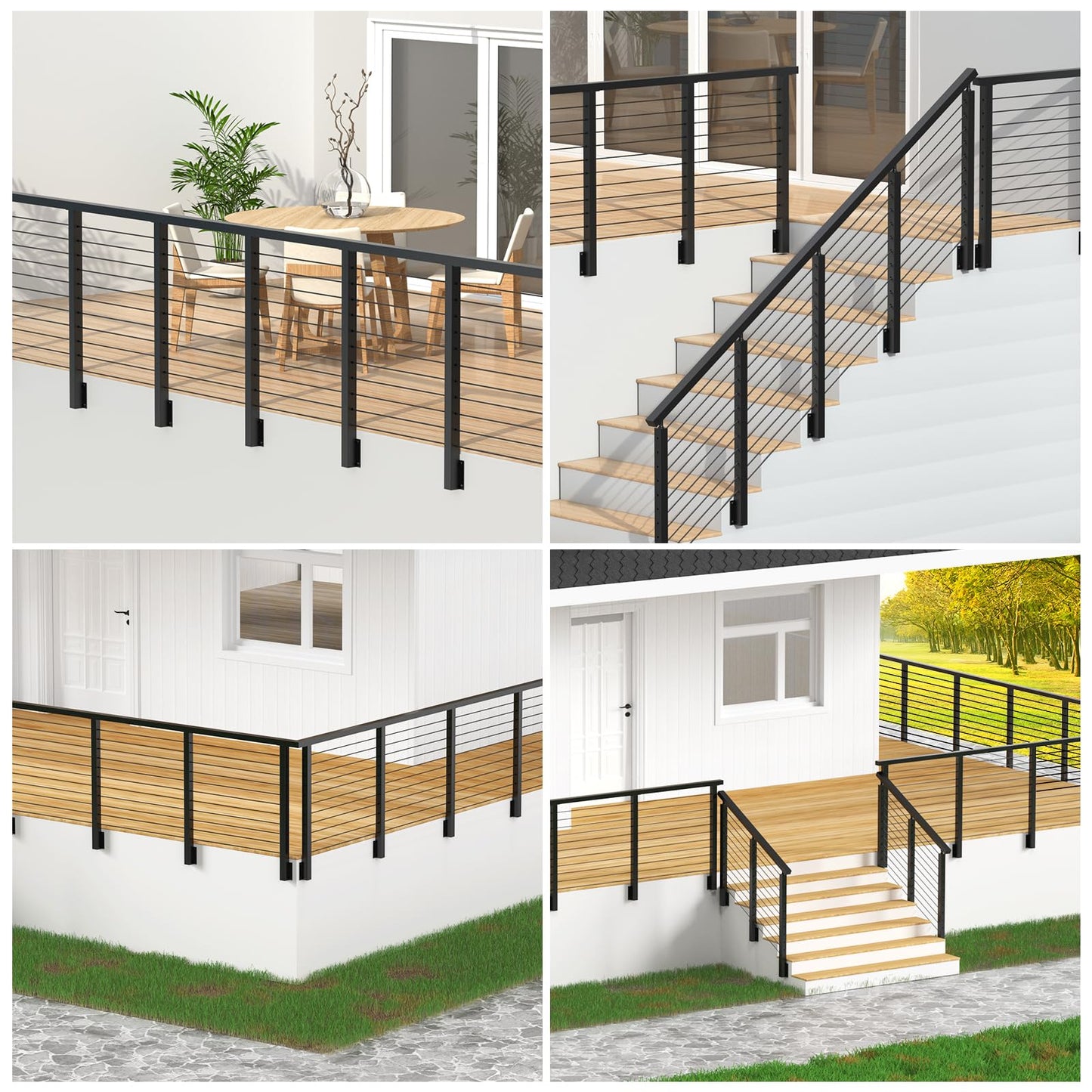 RailinGo 36" Side Mount Stair Railing Post, Stainless Steel Right Side 25~35° Stair Post w/Cable Grommets, Space-Saving Fascia Mount Deck Stair Railing System, 1/8" Black Cable Railing Kit, RG73