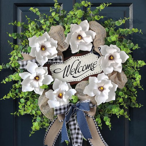 Artificial Magnolia & Eucalyptus Wreath - 24" White Flower Decor with Welcome Sign for Year-Round Home Entryway