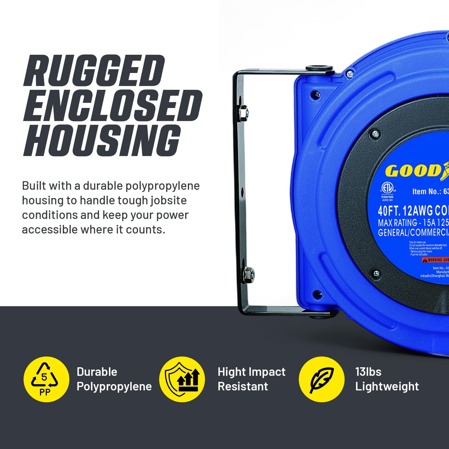 Goodyear Extension Cord Reels (12AWG x 40 FT (SJTOW Cable) w/LED Light-Up Tap)