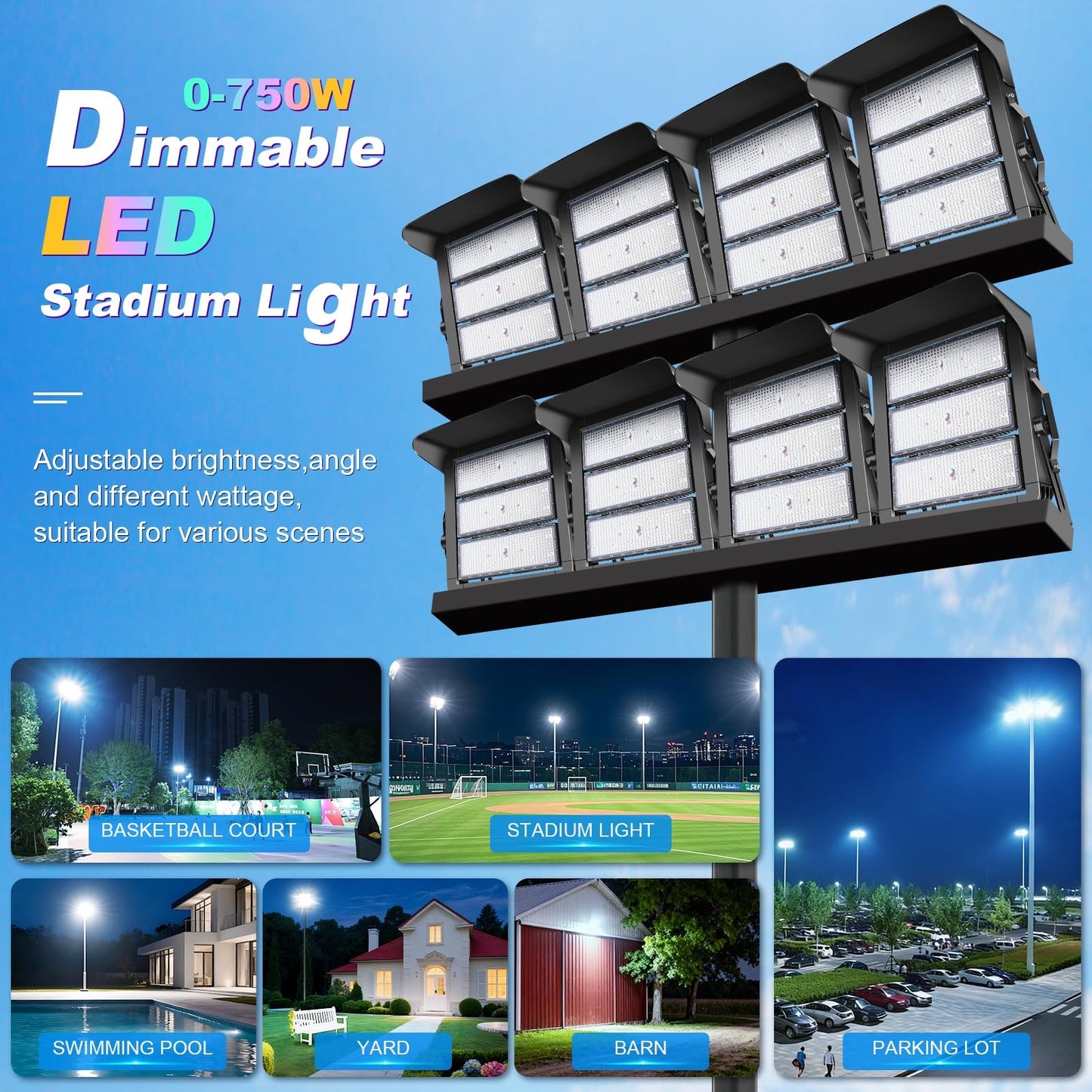 BIRITALO 112500LM Led Stadium Light Dimmable 0-750w Super Bright Led Arena Flood Lights Outdoor 100-277v 5000k Yoke U Mount IP66 Waterproof Outside Wall Light Commercial for Square, Golf Court, Port