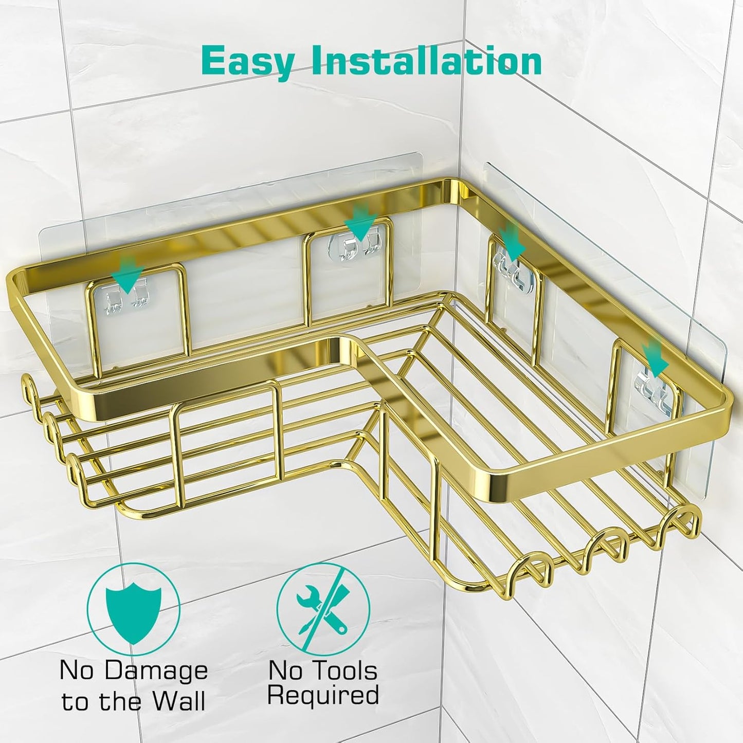 YASONIC Corner Shower Caddy - 3-Pack Adhesive Bathroom Organizer with Soap Holder & 12 Hooks | Rustproof Stainless Steel, Gold