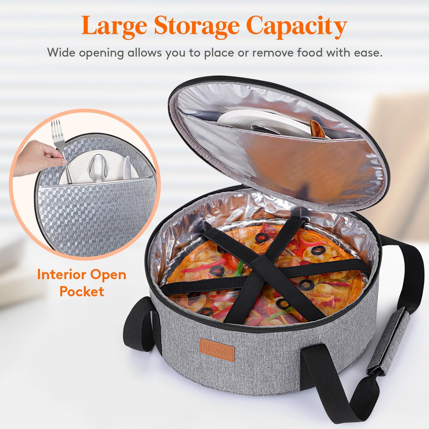 Lifewit Insulated Single Decker Round Casserole Carrier, Portable Pie Carrier Bag for Hot or Cold Food, Fits 12.5" Baking Dish, Thermal Lunch Tote for Potluck Parties, Picnic and Cookouts, Grey