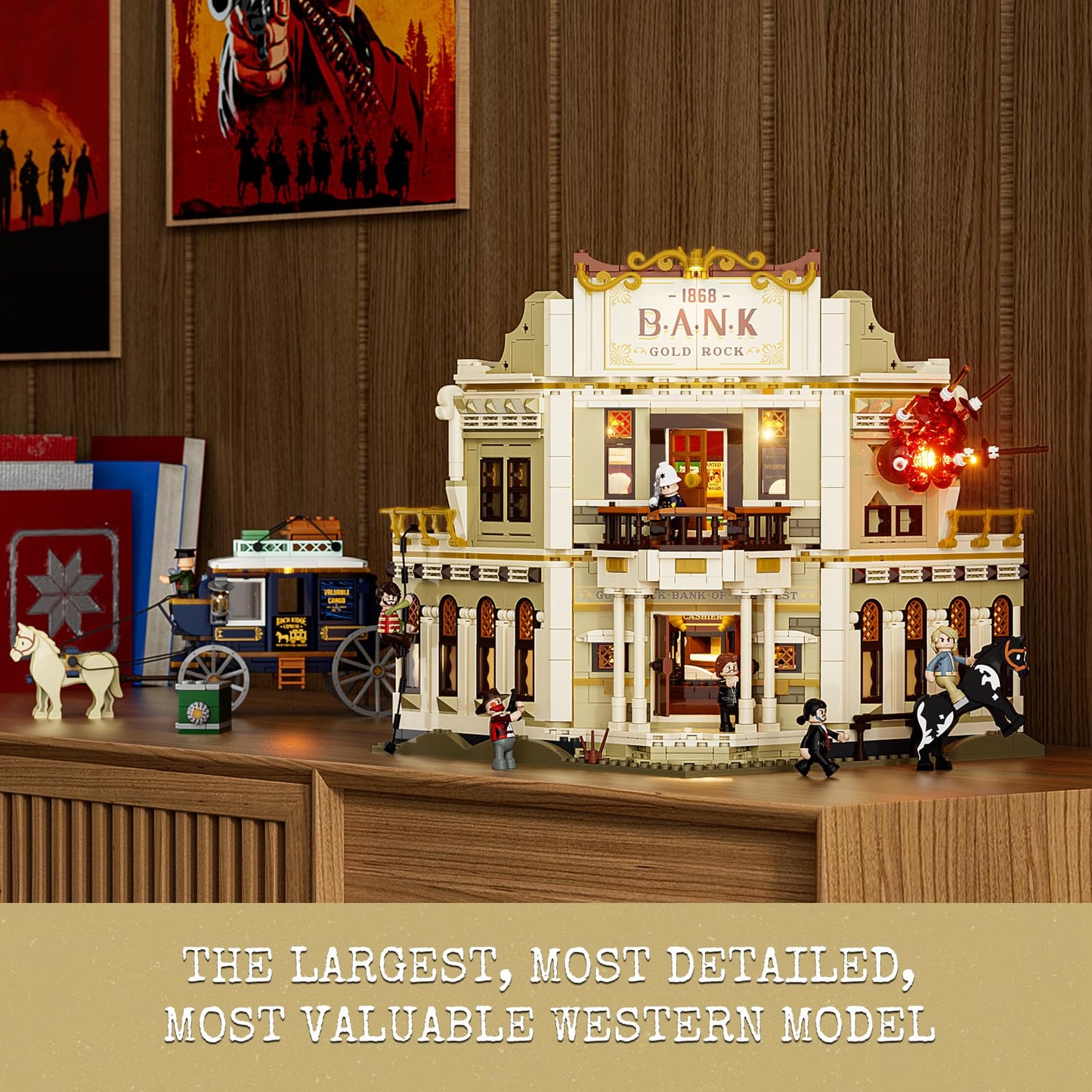 Lumibricks Western Bank Heist Lighting Building-Bricks Set - Wild West Outlaw Gold Heist 2875 Pcs Collection Display Set for West Lovers