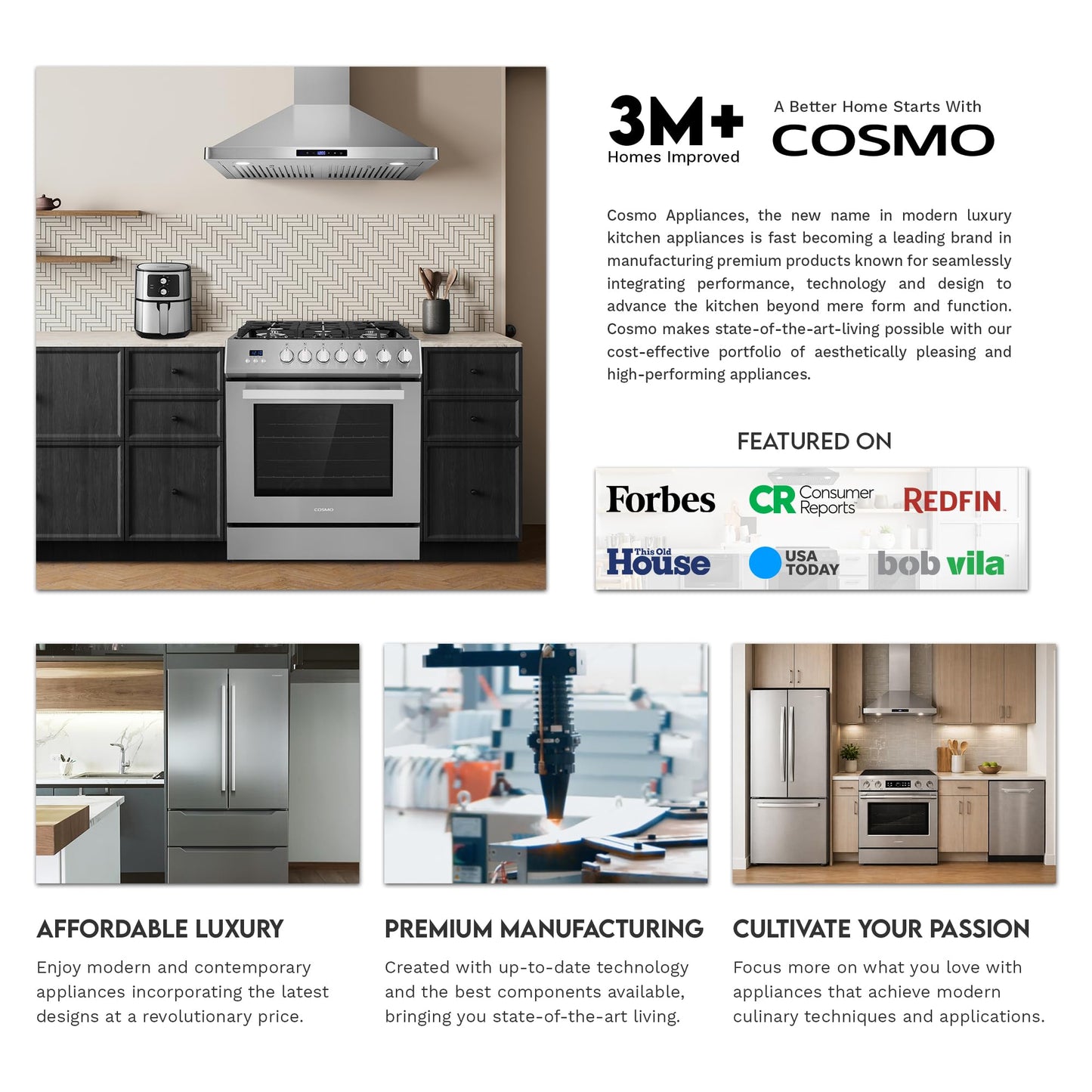 COSMO F965 36 in. Stellar Collection 4.4 cu. ft. Dual Fuel Range, 5 Sealed Burners, 8 Function Convection Oven in Stainless Steel