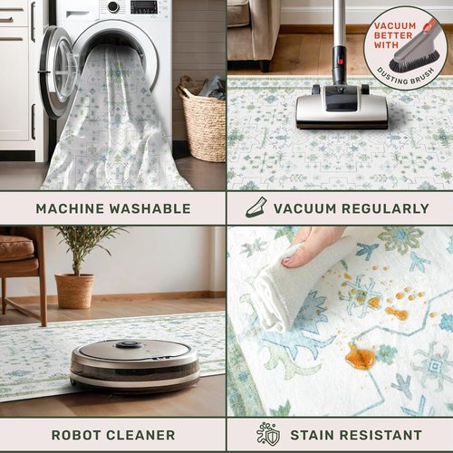 Hazo Haus Washable Area Rugs - Extra Large 10x12 Cream, Blue & Green Floral Geometric Design
