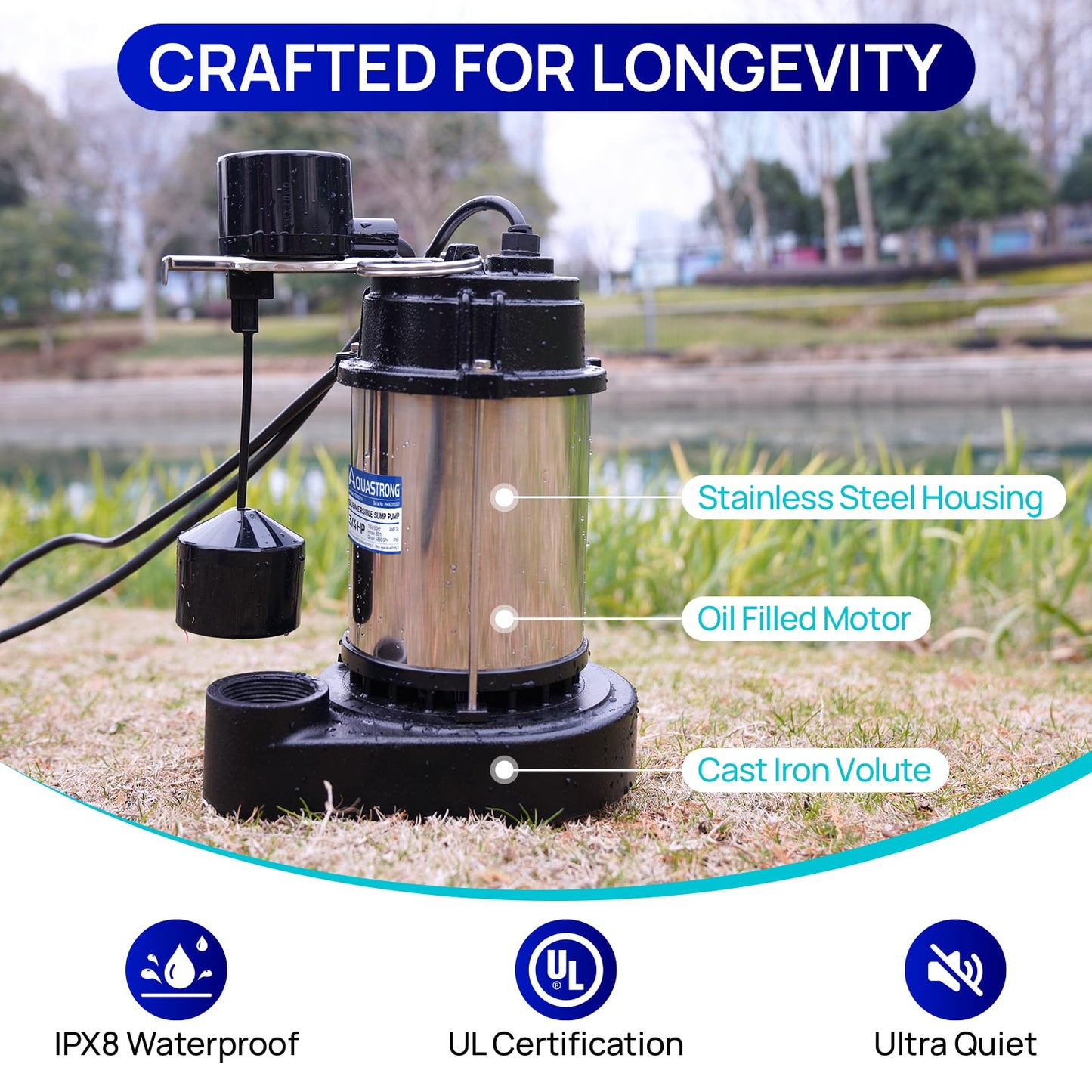 Aquastrong Sewage Grinder Pump, Cast Iron Effluent Pump, Auto Float Switch for Basement Sump Basin and Sewage Well, 2 inch Discharge, Stainless No Grinder with Piggy-back Plug