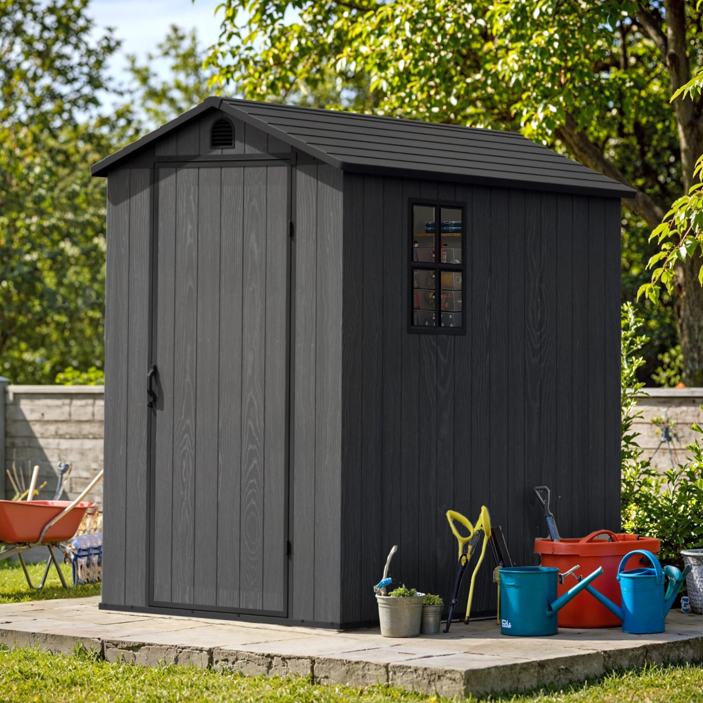 Greesum 4x6FT Plastic Storage Shed with Floor, Resin Outdoor Storaged Sheds with Lockable Door, All Weather Tool Shed with Window and Vent, Easy Assembly for Garden, Patio, Backyard, Dark Gray
