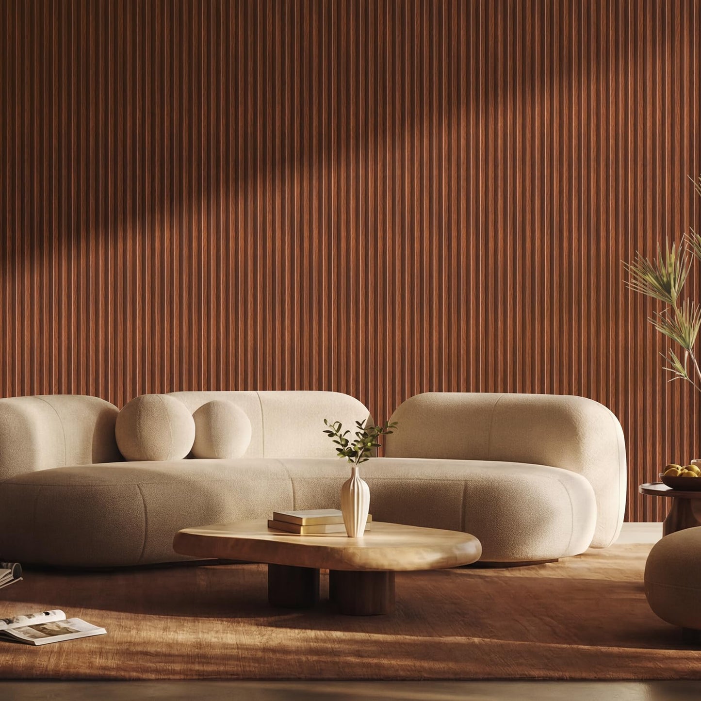 VESLARA Slat Wood Panel 4pcs Wall Panels with 2pcs End Trims 108’’ x 5.7’’ Wood Wall Panel for Interior Wall Decor Bedroom Living Room TV Background Walnut