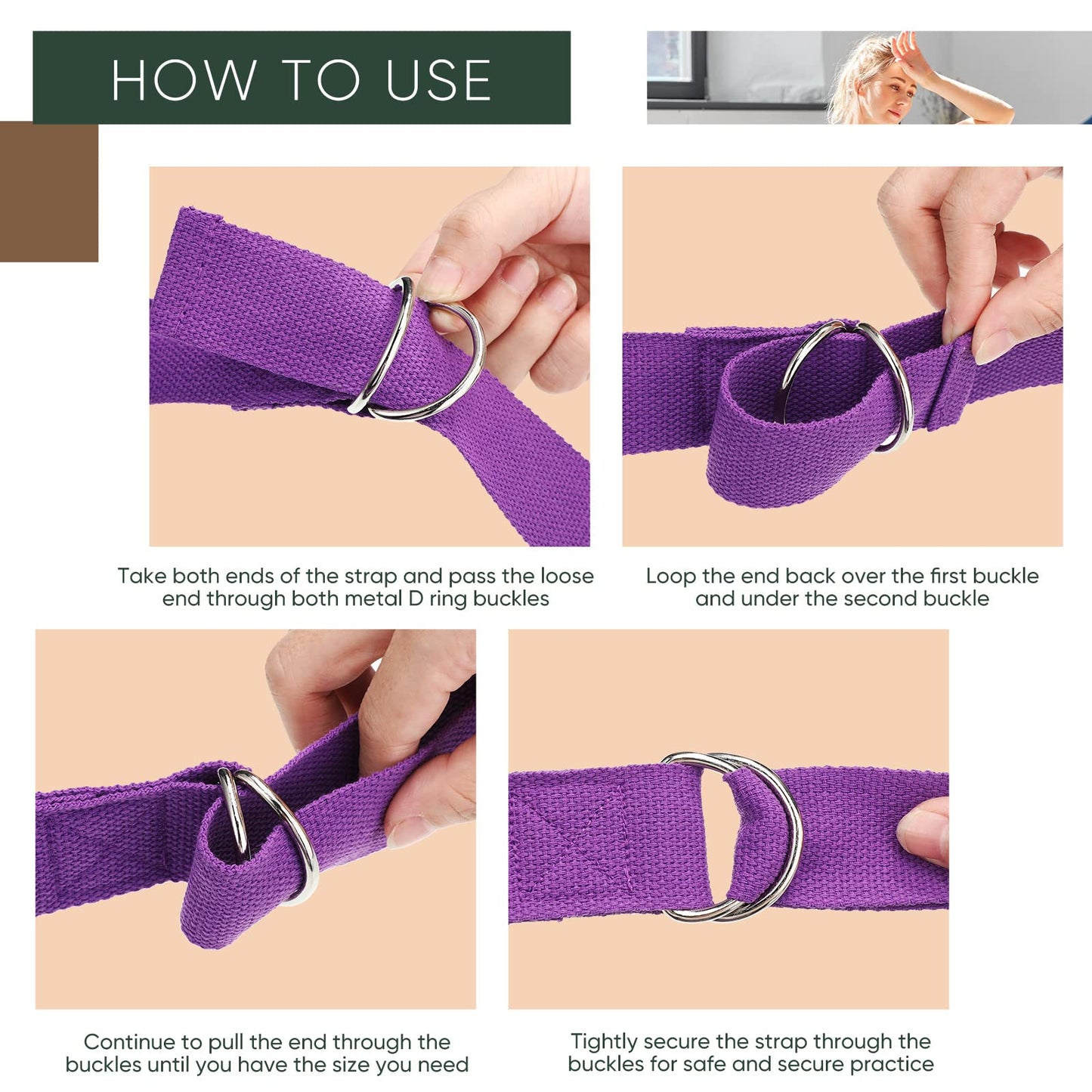 10 Pcs Yoga Strap 8ft Yoga Stretching Exercise Band Stretching Belt with Adjustable Metal D Ring Buckle Loop for Pilates, Dance, Physical Therapy, Gym Workout