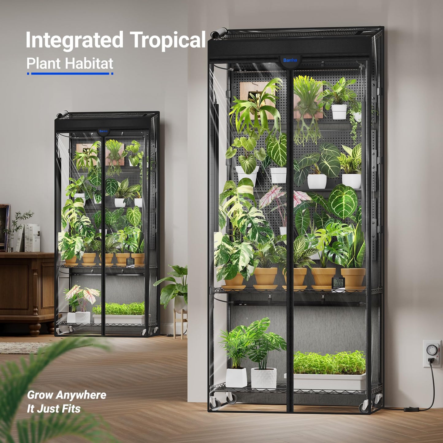 Barrina LH750 Pegboard Indoor Greenhouse with Grow Light, Plant Cabinet with 90W 5000K Full Spectrum Lamps, 3 Adjustable Pegboards, Timer, Wheel, for Foliage Plant, Seedling, 29.5x13.8x67.9IN