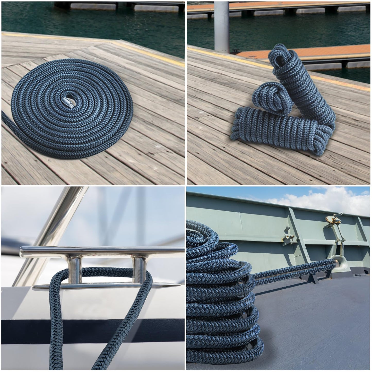 PropelTech 4 Pack 1/2" x 15’ Boat Dock Lines for Boat & Pontoon, Premium Marine- Grade Double Braided Nylon Dock Line, Pre-Spliced with a 12" Eyelet-Navy Blue,Boating Gifts for Men