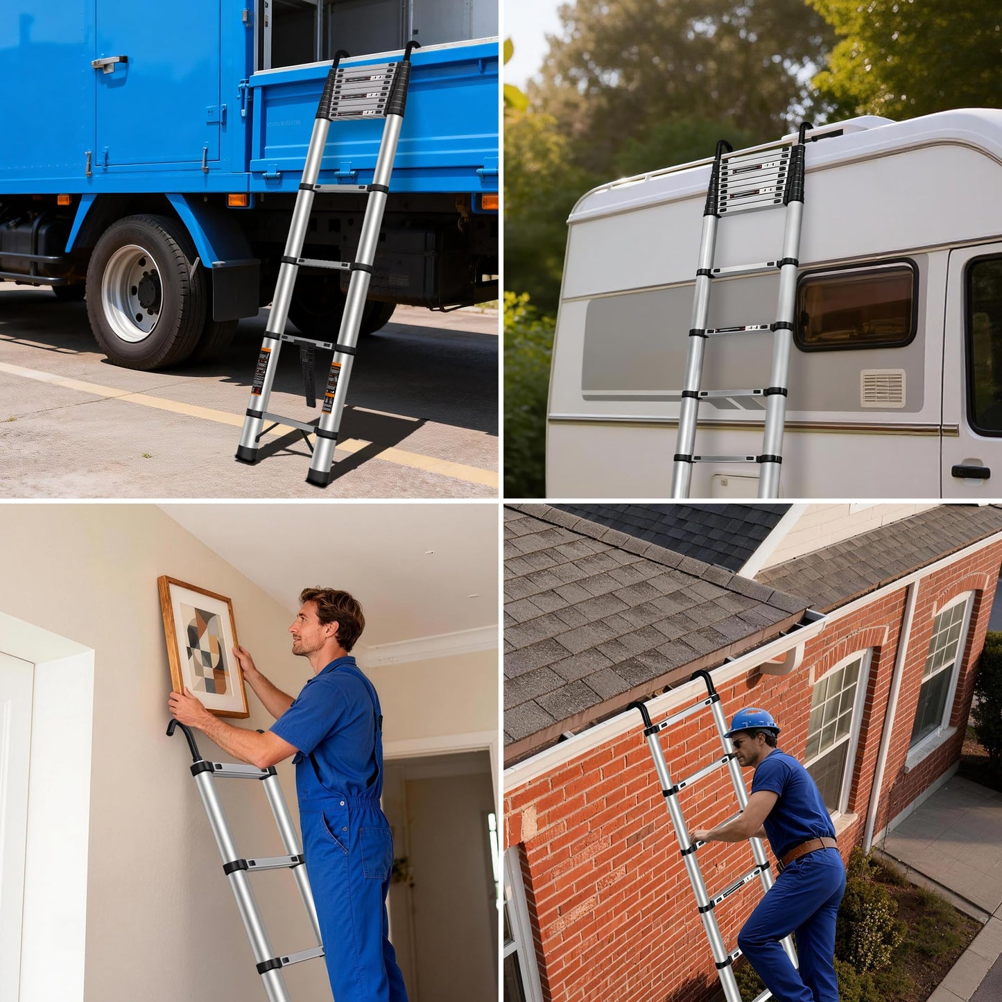 Telescoping Ladder 16.5 FT Telescope Ladder Stainless Steel, Extension Collapsible Telescopic Ladders with 2 Hooks Folding Extendable Adjustable Portable Rv Ladders for Home Roof, 330lbs Max Capacity