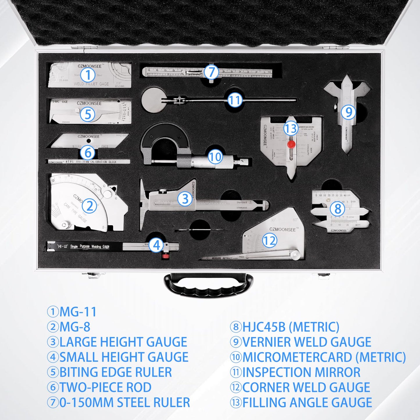 CZMOONSEE 13 Piece Combination Welding Measurement Toolbox Set Stainless Steel Weld Inspection Tool, Welding Weld Inspection Ruler, Corner Weld Gauge