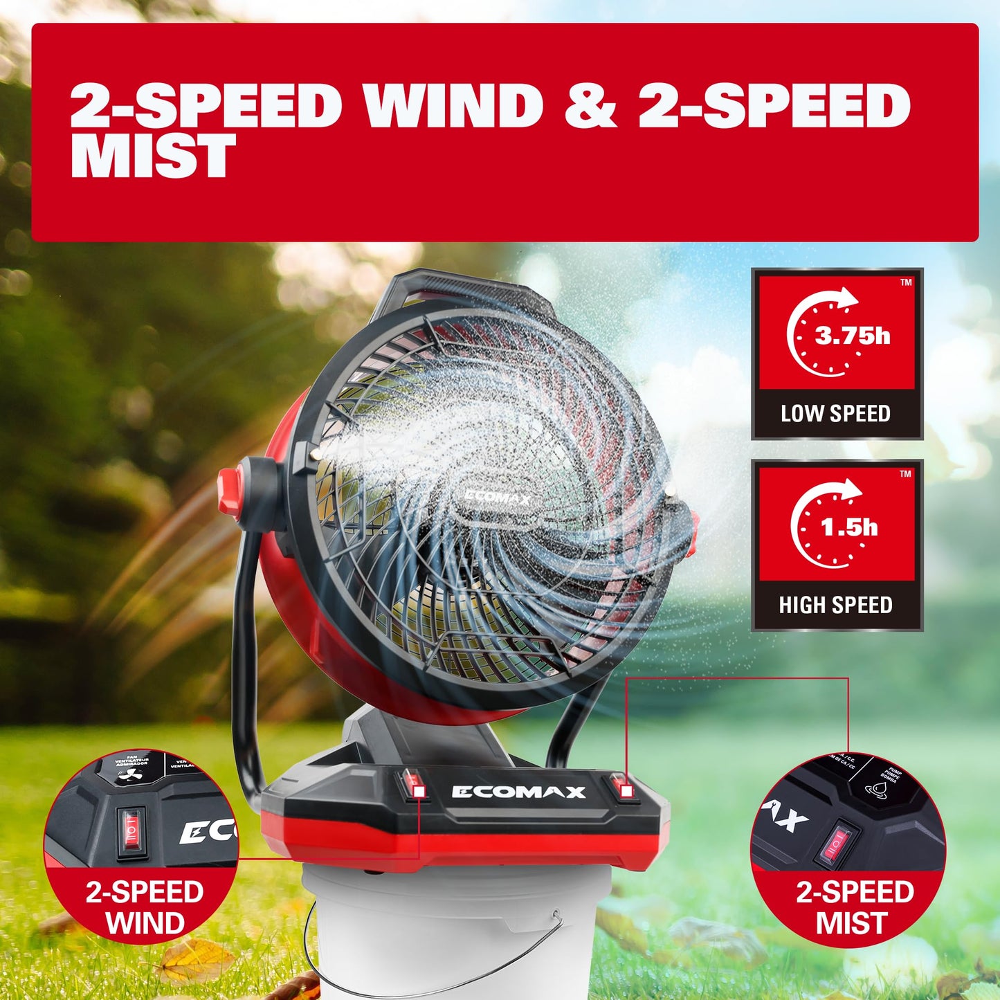ECOMAX 12" AC/DC Bucket Top Misting Fan, Cordless with 2x20V Batteries & 2A Charger, 2-Speed Airflow & 2-Speed Mist Cooling Fan for Outdoor, Patio, Camping, Fits for 5-Gallon Bucket & Garden Hose