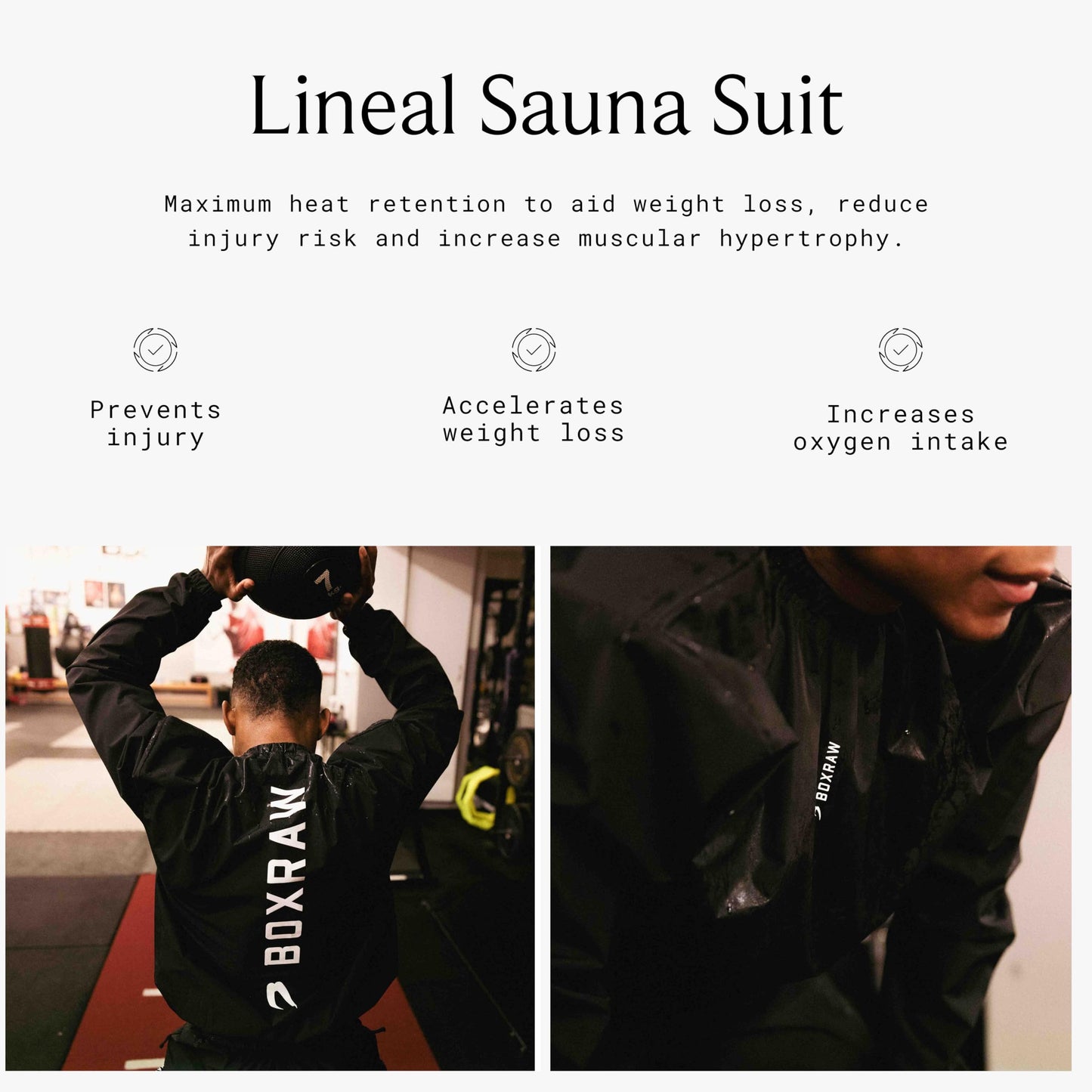 BOXRAW Lineal Sauna Suit - Black - M - Sweat Suit for Boxing & MMA - Top & Bottoms - Professional Non Rip Weight Loss Training Gear - Multiple World Champion Tested & Waterproof Zipped Pockets
