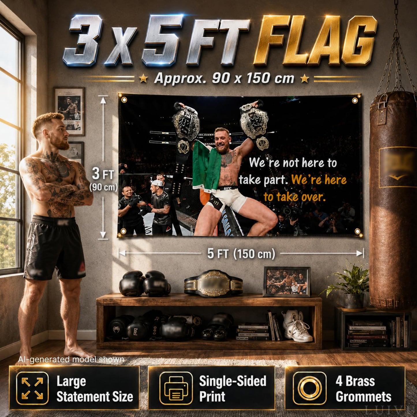 3x5 Ft Conor Boxing Polyester Flag - Inspirational Office Gym Wall Decor Single Sided Flag with 4 Brass Grommets - McGregor Gym Motivational Poster - Were Not Here To Take Part Were Here To Take Over