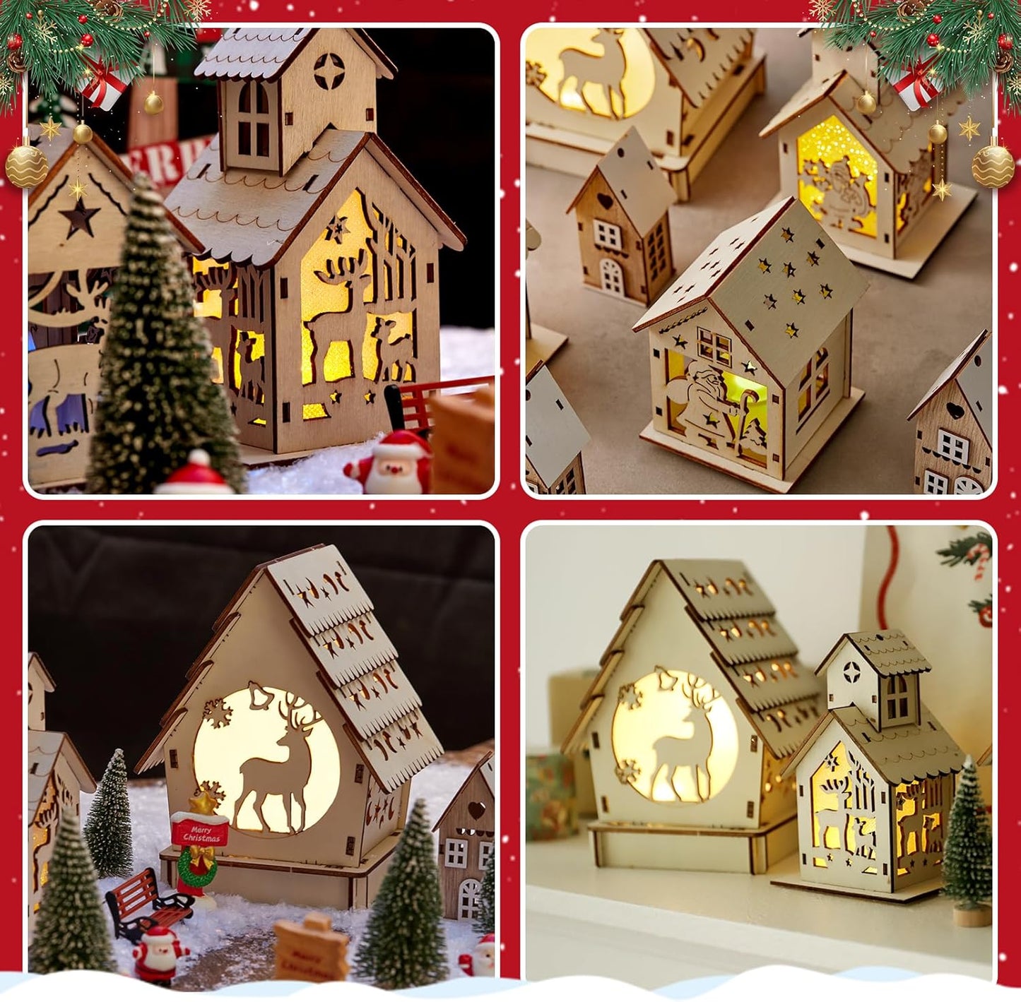 Skiennix 29-Piece Christmas Village Set - Lighted Wooden Houses & Miniature Trees for DIY Crafts