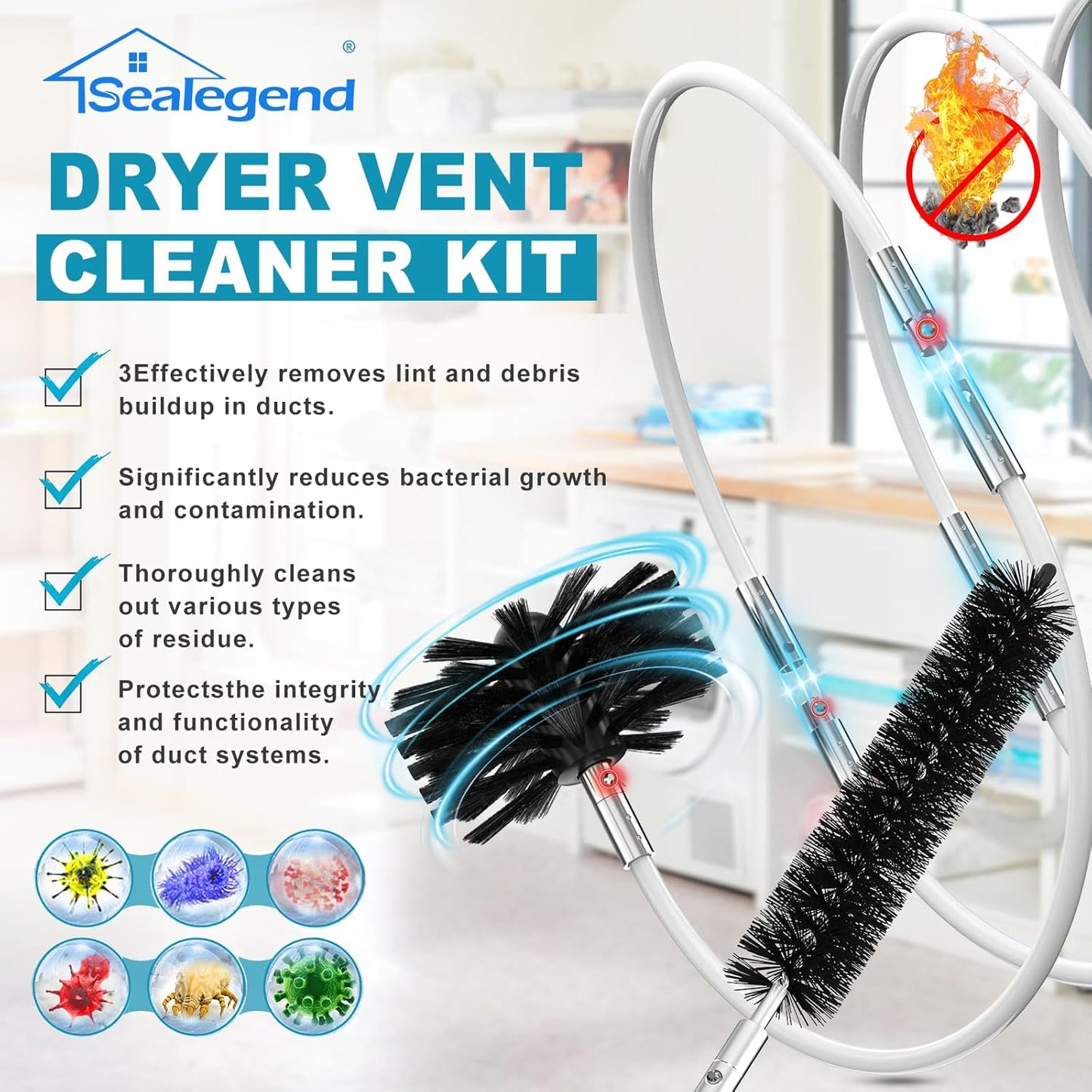 Sealegend 40 Feet Dryer Vent Cleaner Kit - Upgraded Flexible Brush with Drill Attachment for Easy Lint Removal