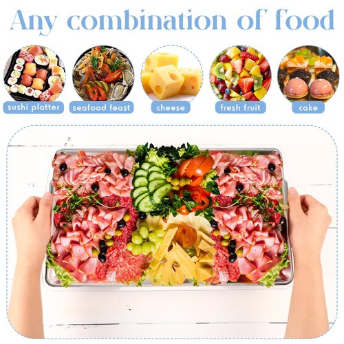 Baderke 3 Set 16" x 9'' Chilled Serving Tray for Parties with Compartments Rectangle Serving Dish Ice Charcuterie Party Platter for Shrimp Fruit Seafood Vegetable Appetizer (Silver)
