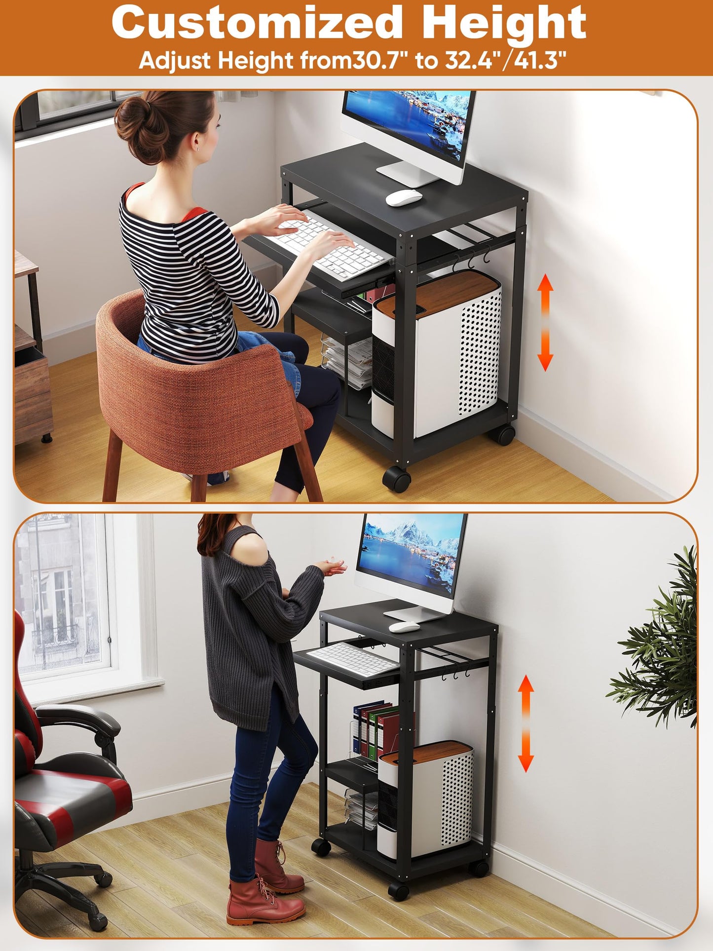Qriocioa AV Presentation Cart with Keyboard Tray Mobile AV Cart Stand Metal Media Cart with Wheels for Projector Height Adjustable Computer Workstation Presentation Cart for School Classroom Office