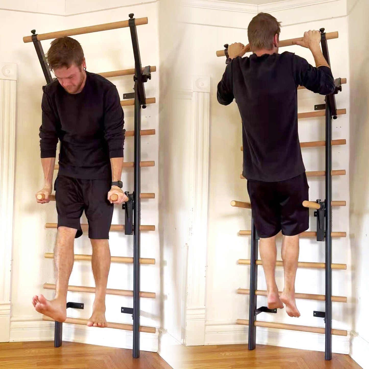 PreGymnastic Stall Bars, Swedish Ladder for Adult and Kids, Wall Bar with Solid Beech Wood Rods, Durable Steel Frame, Adjustable Pull Up and Dip for Strength, Flexibility at Home Gym, Studio