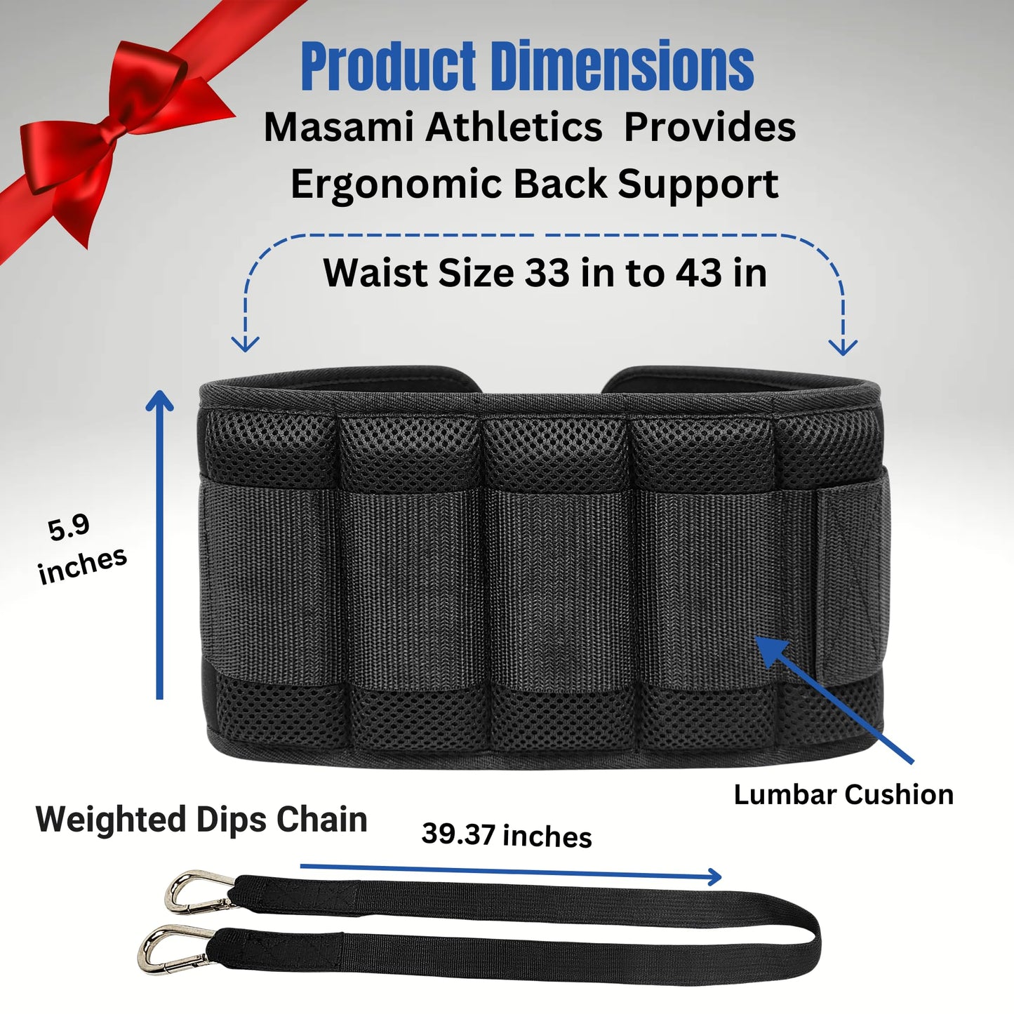Masami Athletics 2-in-1 Weight Lifting Belt with Gloves - Self-Locking Weightlifting & Dip Set Belt with Rope & Gloves - Multi-Functional Belt for Lifting, Squats, Dips