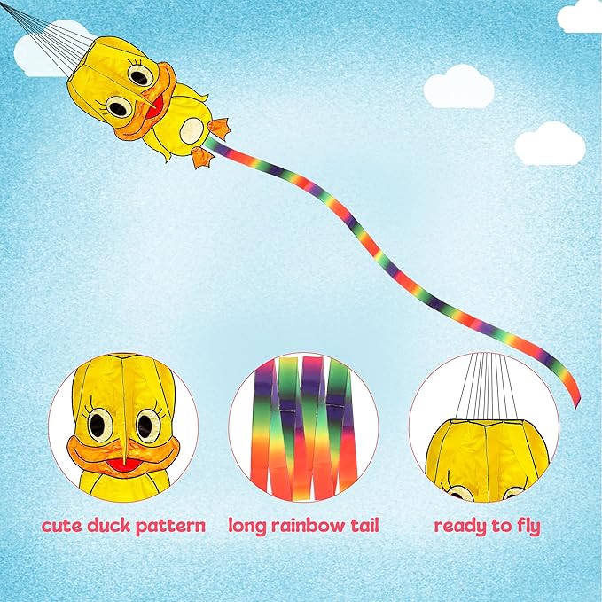 Duck Pattern Kites for Kids, Cute Large Kite Duck Kite with Long Colorful Tail for Kids & Adults, Easy to Fly Kite for Beginners Outdoor Activities