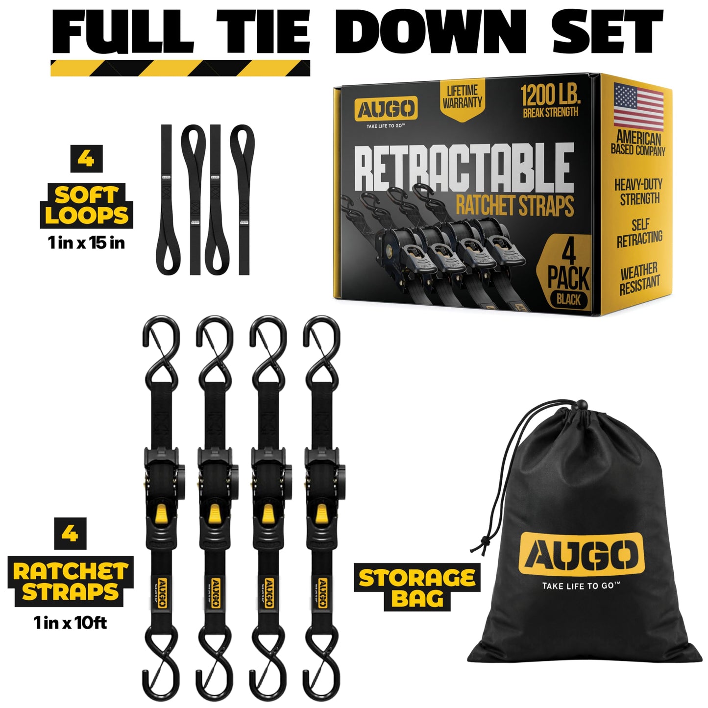 AUGO Retractable Ratchet Straps | 4 Heavy Duty Ratchet Straps Self Retractable Tie Down Straps with Soft Loops & Storage Bag for Motorcycle, Truck, Trailer, Cargo Van | 1200 Lb Break Strength 1” x 10’