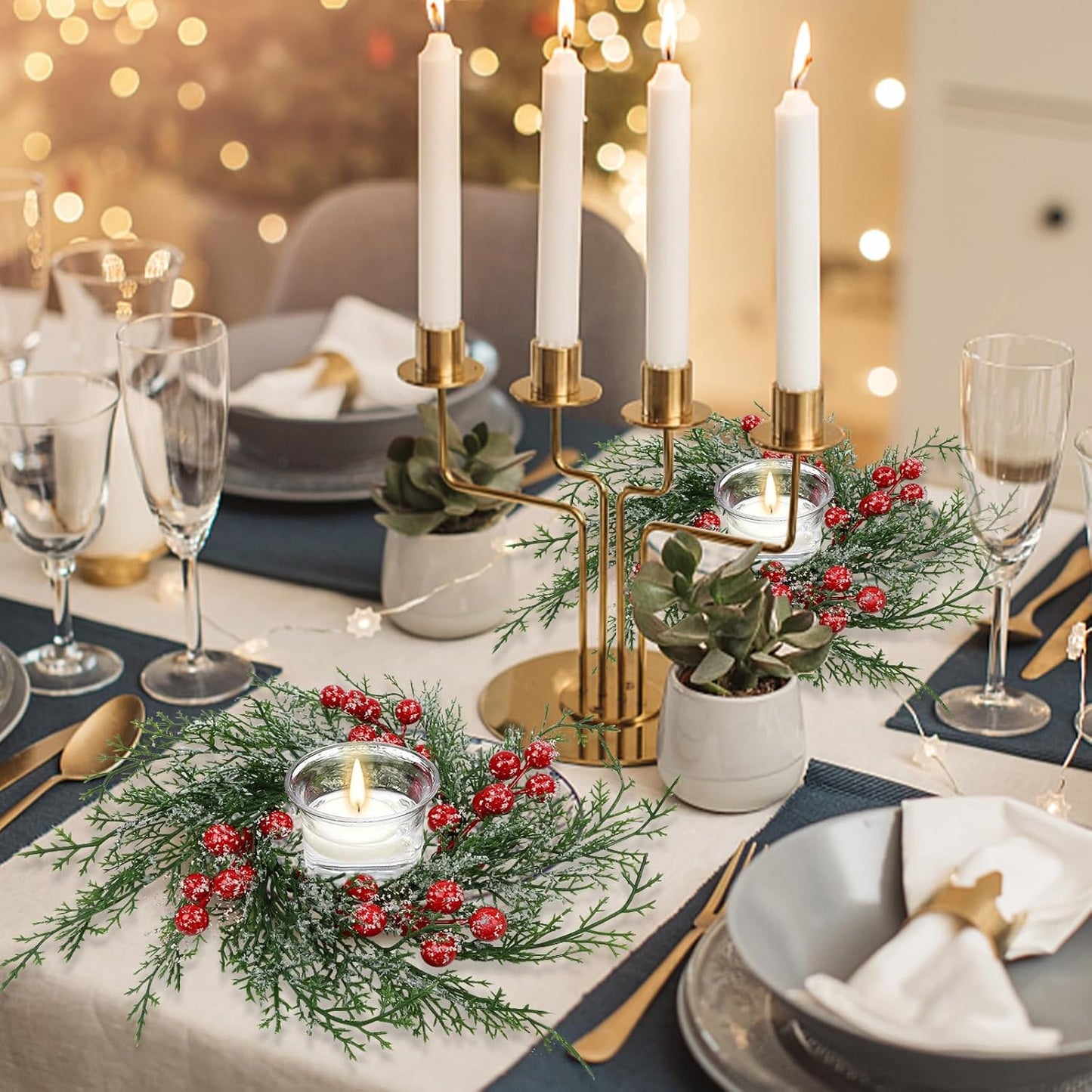 Regine Switzerland Christmas Candle Rings - 10 Pcs Artificial Wreaths with Red Berries & Snowy Pine | Festive Table Centerpiece
