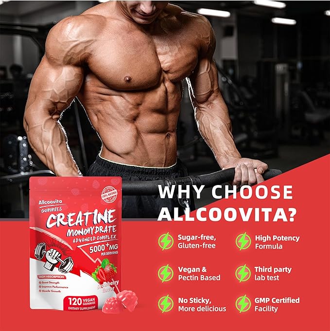 Creatine Monohydrate Gummies Complex for Men & Women,5 Gram per Serving Electrolyte Creatine Gummy for Muscle Strength, Muscle Builder, Energy Boost, Pre-Workout Supplement-120 Strawberry Gummies