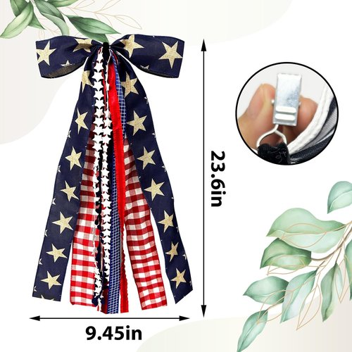 Large Patriotic Star Ribbon Bow - Red White Buffalo Plaid Fabric Ribbons Set for 4th of July Decor
