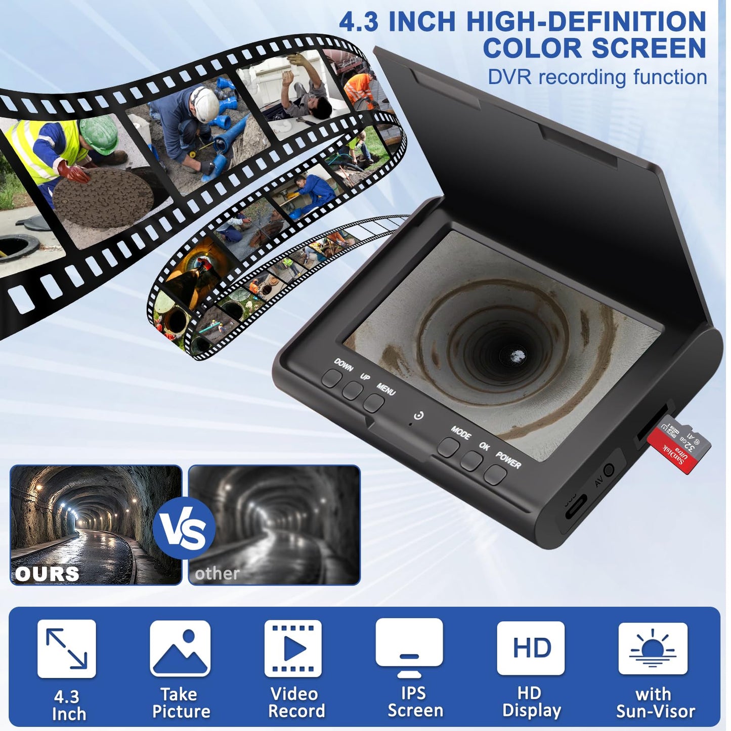 Sewer Camera w/DVR Function, 4.3" HD 1080P Screen Pipeline Inspection Camera, IP68 Waterproof Pipe Plumbing Snake Cam with 32GB Card, for Sewer Line, Home, Duct Drain Pipe Plumbing (30M/100FT)