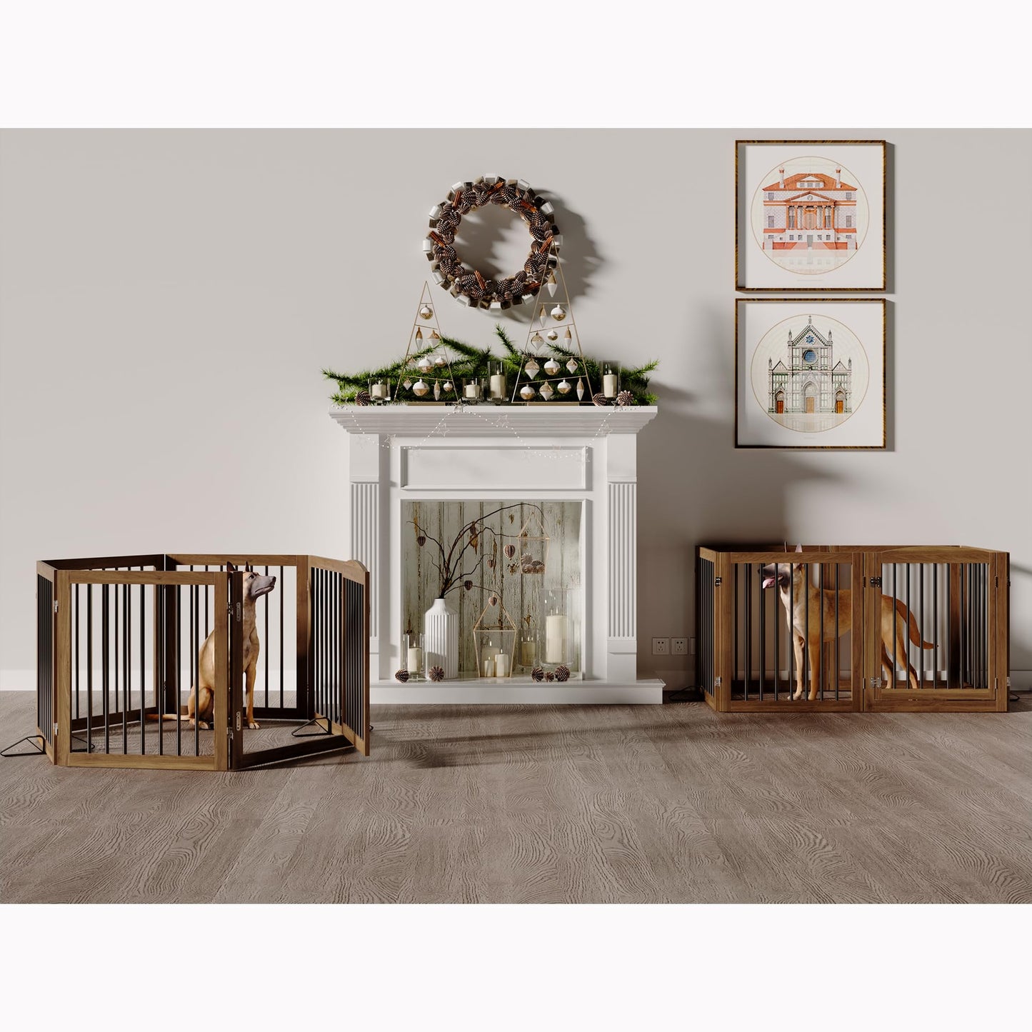 Vantas Folding Pet Gate 144" Wide, 30" Tall No-Assembly Wooden Dog Gate with Door Walk Through, Freestanding Puppy Safety Fence, with 2PCS Support - Brown
