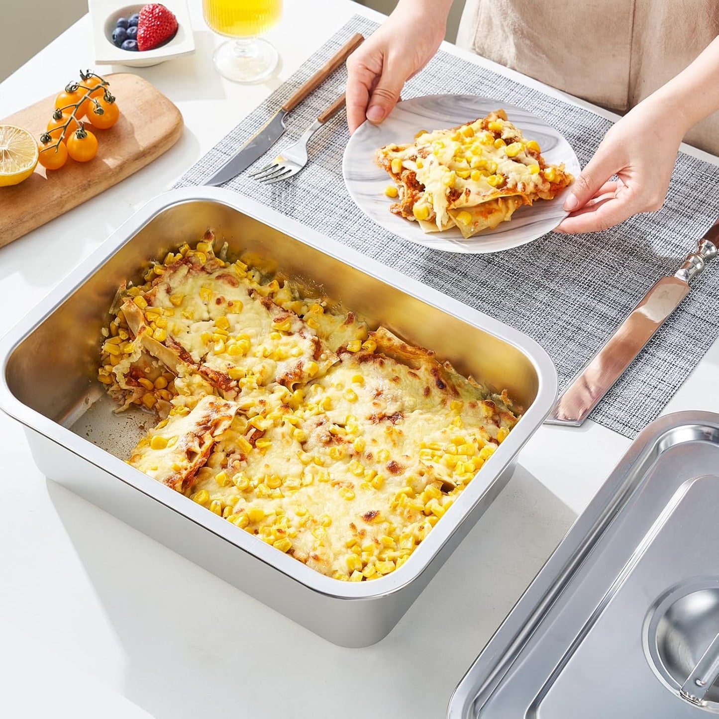 Skiennix 4-Inch Extra Deep Lasagna Pan - 11.6x15.6 Inch Nonstick Stainless Steel with Lid | 9.2QT Capacity