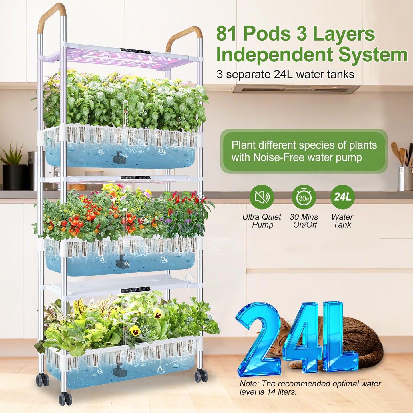 DRYADES Indoor Hydroponic Growing System with 81 Pods Herbs Garden Kit with 30W Led Grow Light Large Movable 3-Layer Floor-Standing Hydroponic Gardening System for Vegetable Fruit