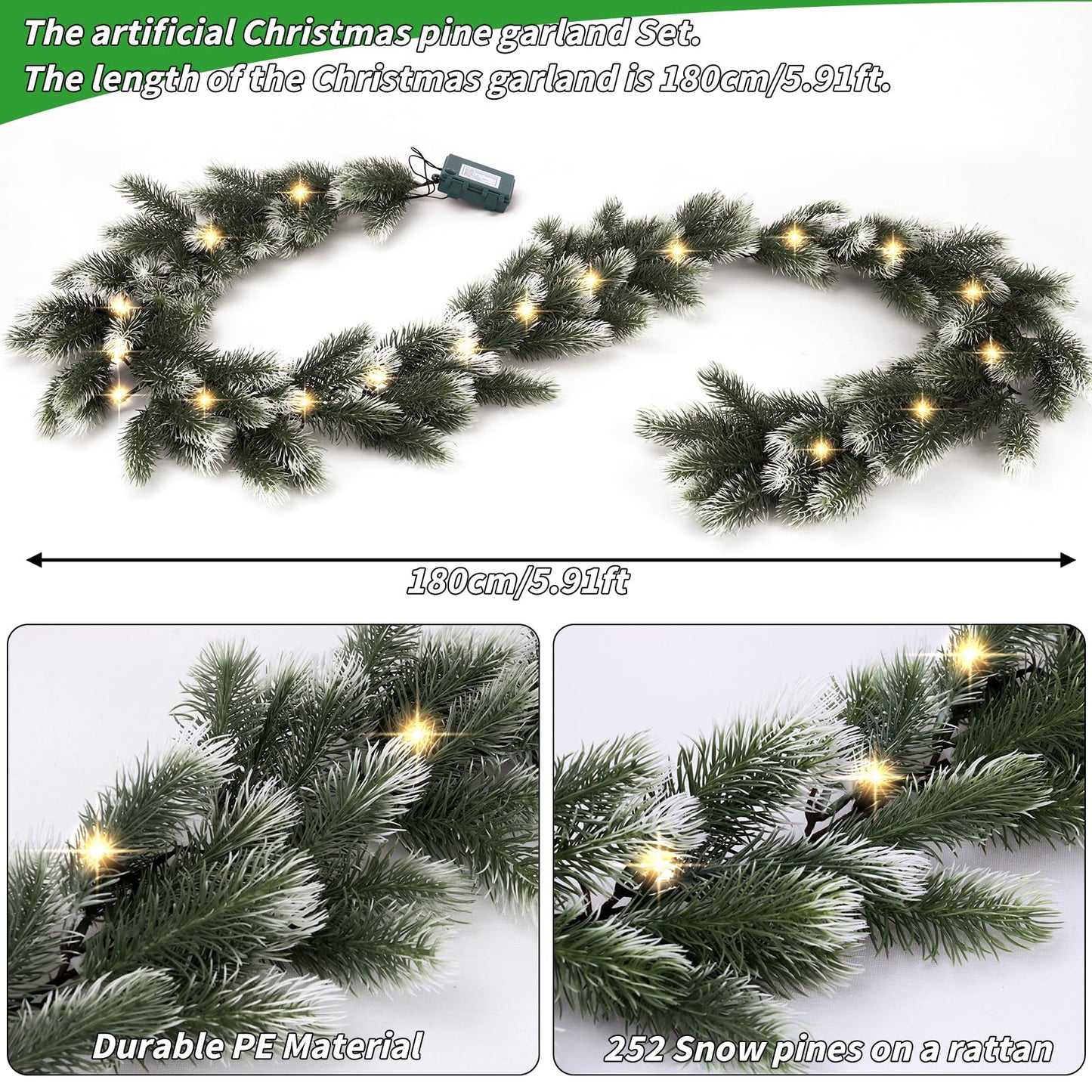2 Pack Pre Lit Snow Flocked Christmas Garland 6 ft Artificial Christmas Garland with Warm White 30 LED Light and Timer Frosted Faux Pine Winter Garland for Home Indoor Outdoor Mantel Seasonal Decor