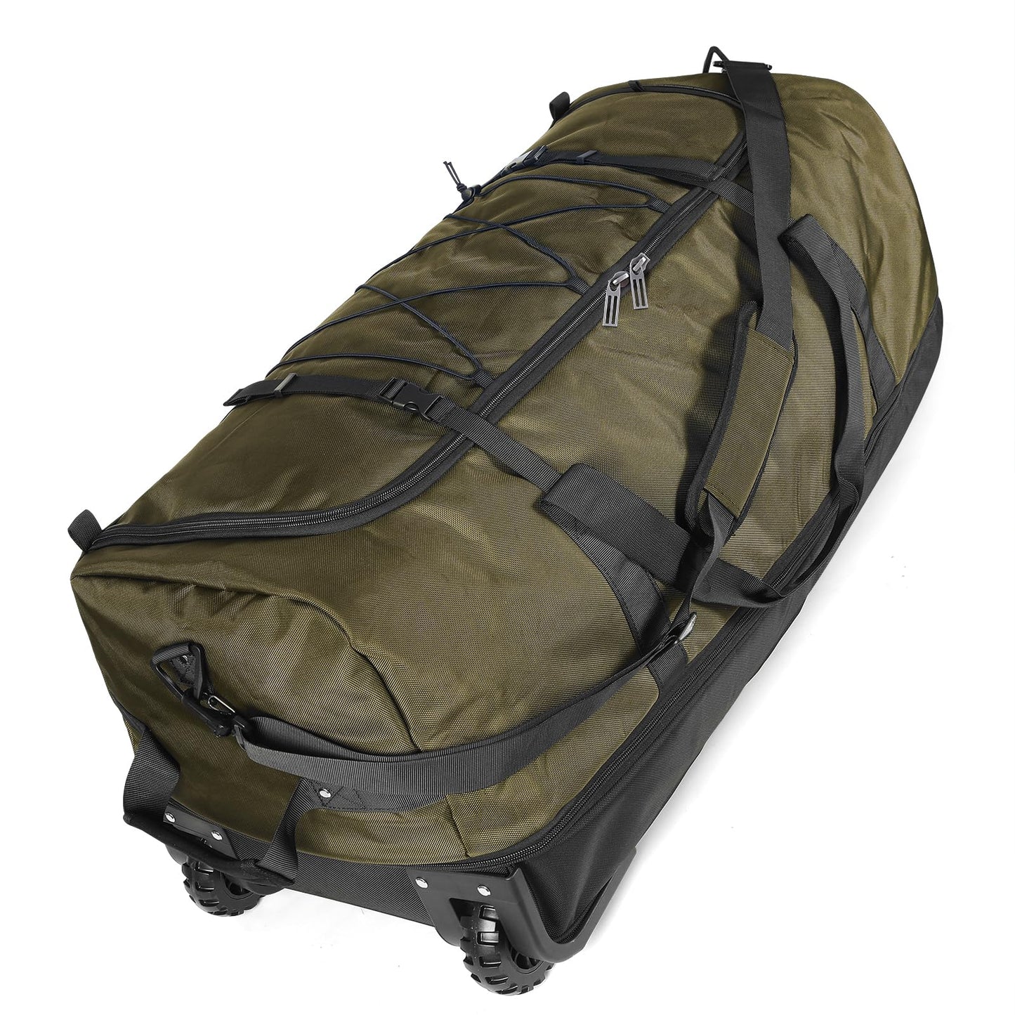 Vrtisa 110L Expandable to 140L 32” Foldable Oxford Soft-Sided Rolling Duffle Bag with 2 Heavy-Duty Wheels,2 Large Compartments,Adjustable Shoulder Strap and Attached Organizer Pouch,Green