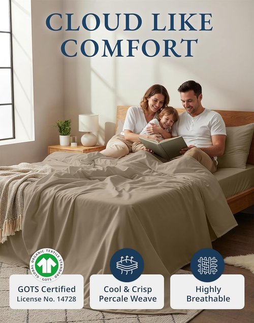 Lane Linen 100% Organic Cotton Sheets Set - Pure Long-Staple Percale Weave, Queen Size, Taupe