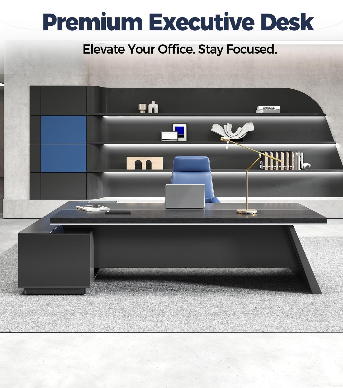 Anzhap 87" Executive Office Desk with Power Outlets & USB Ports, L-Shaped Executive Computer Desk with Drawers, Enclosed Cabinet, Ventilated CPU Compartment (Right Return, 87" L x 63" W x 30" H)