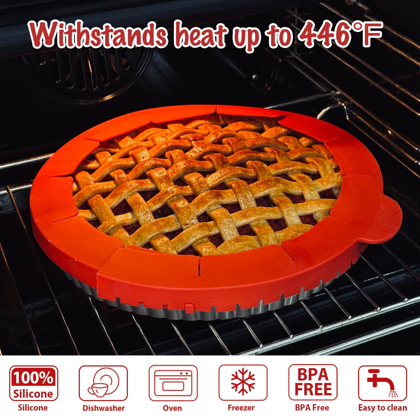 Webake Pie Crust Protector Shield Adjustable Pie Crust Shield Fits 11.5-9 Inch Pie Pan, European Food Grade Silicone Pinch Test Passed, for Baking Party Pie Tart, Pack of 2, Red and Grey