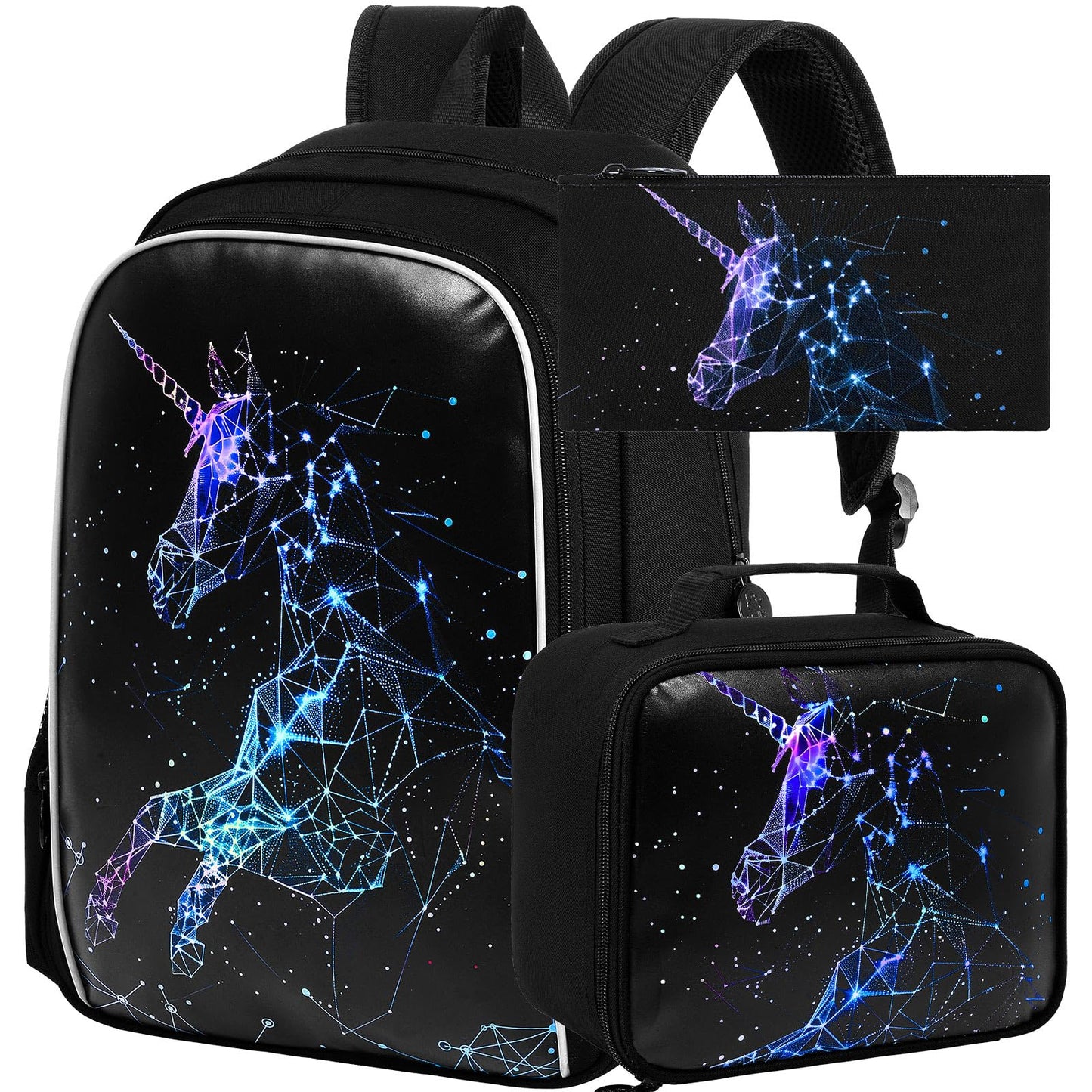 KLFVB 3PCS Girls Backpack, 17" Unicorn Kids Bookbag and Lunch Box, Water-Resistant Preschool Backpacks for Teen Elementary Students